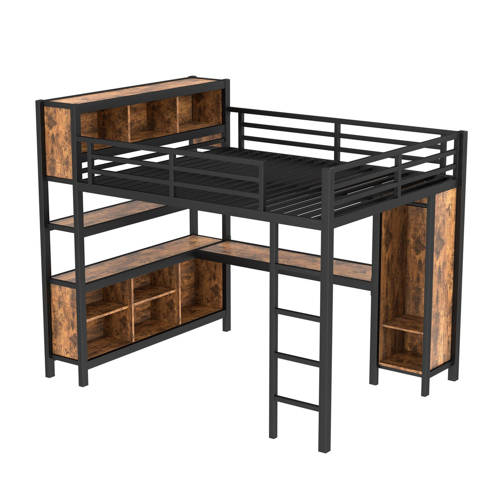 English Elm Metal Queen Loft Bed With L-Shaped Desk, Wardrobe, And Storage Cubes - Stylish Space Saver! W1580S00184