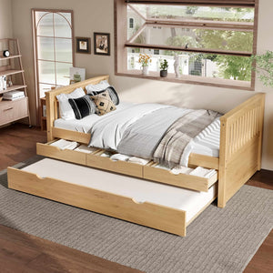 English Elm Twin Solid Wood Platform Bed with Trundle and Two Drawers, White Daybed for Kids Guests Natural W1580S00264