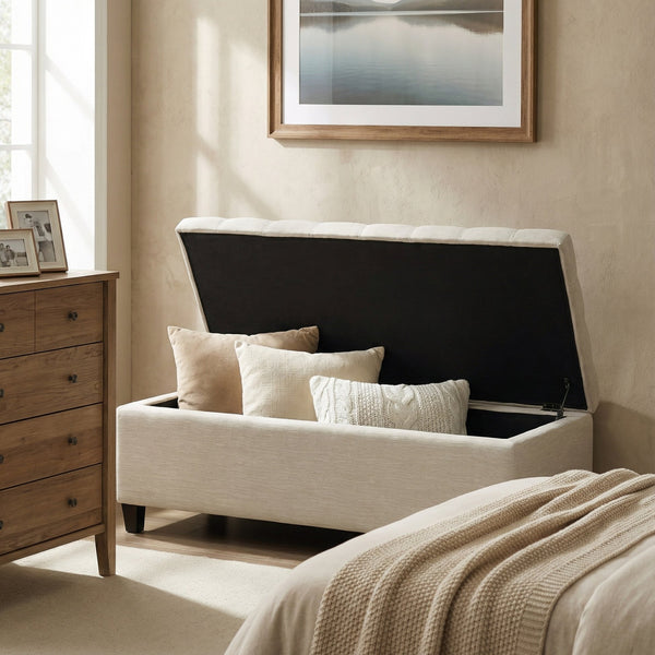 English Elm Upholstered Boucle Storage Bench Flip Top Lid Rubberwood Legs Bedroom Entryway Seating Beige N779P395018B