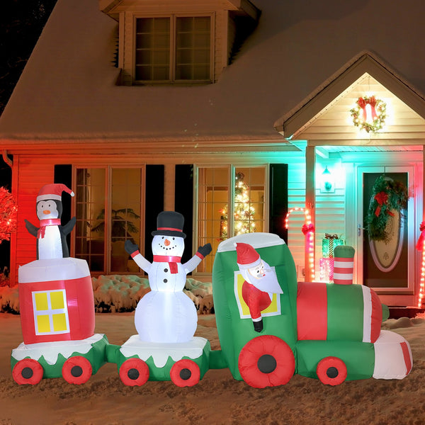 English Elm HOMCOM 11ft Inflatable Christmas Train with Santa Snowman Penguin, LED Lighted Yard Decor for Holidays Multicolor W2225P229261