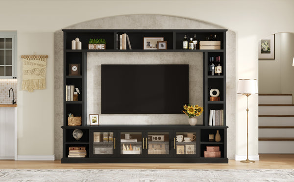 English Elm Entertainment Wall Unit with Glass Doors Open Shelving Mdf Living Room Storage Black N710S688100B