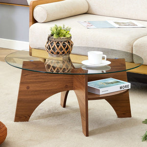 English Elm Round Tempered Glass Coffee Table with Fan Pedestal Base for Modern Living Rooms Transparent,Walnut W1151P256004