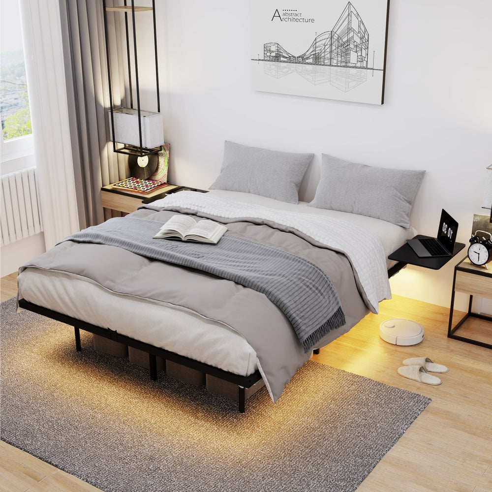 English Elm Queen Metal Platform Bed Frame with Led Lighting Storage Boards and Steel Slat Support W311P416235