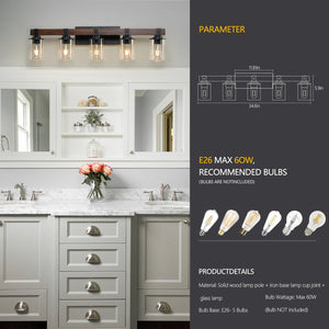 English Elm 35" Rustic 5-Light Vanity Light with Clear Glass Shades and Real Wood Accent, Industrial Farmhouse Fixture W2312P374784