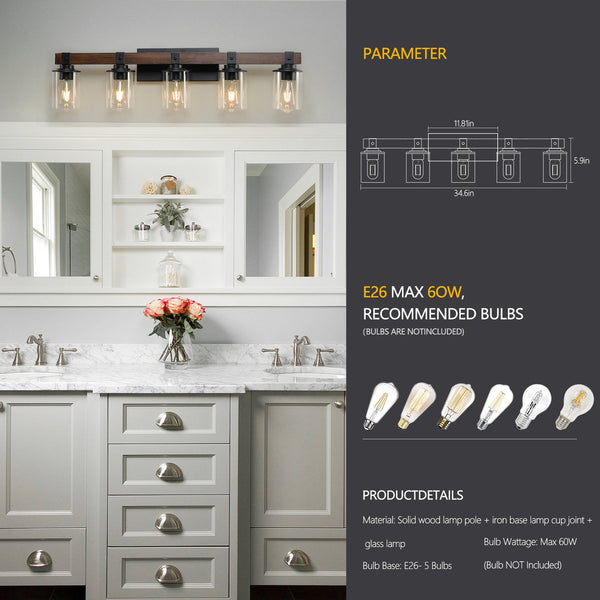 English Elm 35" Rustic 5-Light Vanity Light with Clear Glass Shades and Real Wood Accent, Industrial Farmhouse Fixture W2312P374784