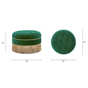 English Elm Yolanda Velvet Round Ottoman with Gold Bullion Fringe Jewel Toned Artisan Accent Piece B2719P364403