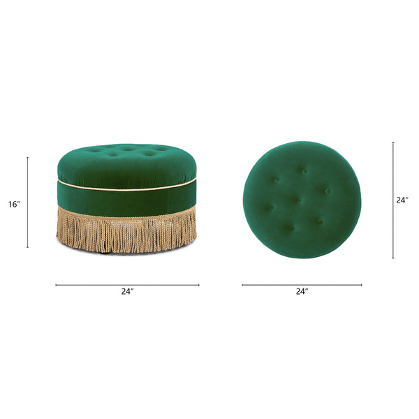 English Elm Yolanda Velvet Round Ottoman with Gold Bullion Fringe Jewel Toned Artisan Accent Piece B2719P364403