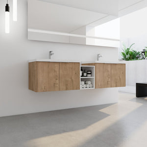 English Elm 72 Inch Wall Mounted Vanity with Resin Sink, Soft-Close Doors, Ample Storage Shelves, Durable Eco Plywood Finish Imitative Oak W999S00188