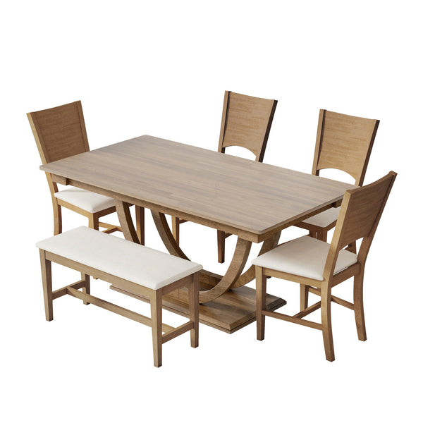 English Elm Topmax Six Piece Rubberwood Dining Set with Bench Linen Seats Sculptural Modern Style Brown N717S000029D