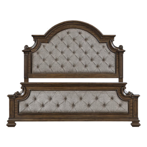 English Elm Traditional Arched Button Tufted California King Bed Gray Chenille Walnut Inlay Frame B011S02508