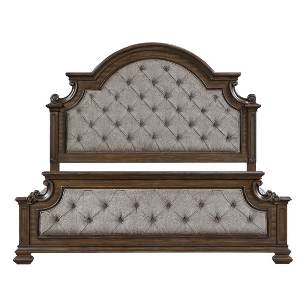 English Elm Traditional Arched Button Tufted California King Bed Gray Chenille Walnut Inlay Frame B011S02508