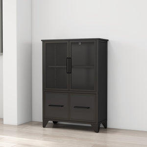 English Elm Storage Cabinet Matte Iron Four Door Sideboard with Adjustable Shelf for Modern Interiors Black W3151P407882