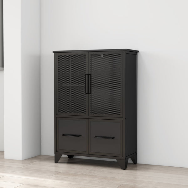 English Elm Storage Cabinet Matte Iron Four Door Sideboard with Adjustable Shelf for Modern Interiors Black W3151P407882