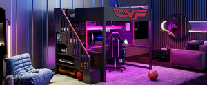 English Elm Gaming Full Loft Bed with Workstation Storage Staircase Led Lights and Usb Port N7090004031B