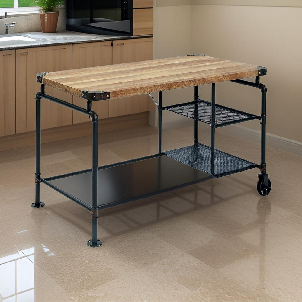 English Elm 47 Inch Industrial Writing Desk with Wire Shelf Caster Wheels and Wood Grain Top B056P416870