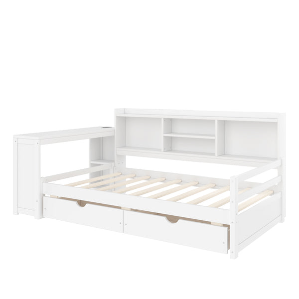 English Elm Twin Corner Daybed Pine Frame Built in Desk Bookcase Drawers Charging Kids Room White W697S00041