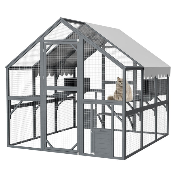 English Elm Extra Large Walk-in Outdoor Cat Enclosure with Oxford Roof Ramps and Dual Resting Huts W1422S00047
