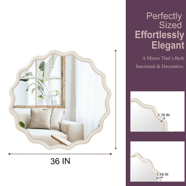 English Elm White 36 Inch Wavy Round Solid Wood Frame Mirror – Rustic Boho Decorative Wall Mirror for Home Vanity W2203P389085