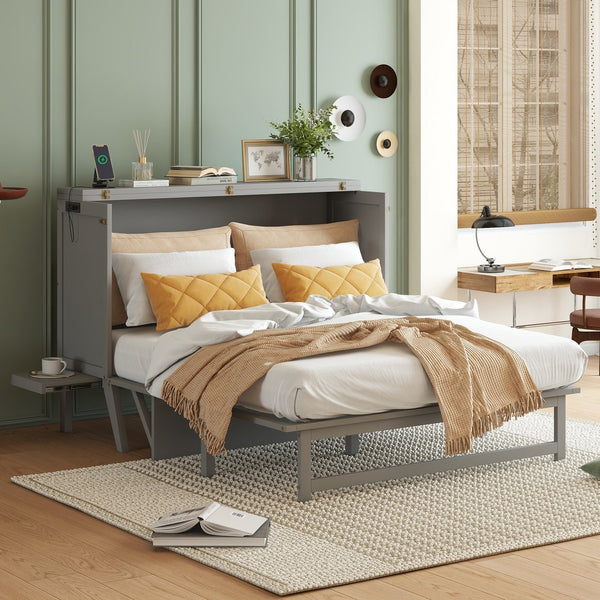 English Elm Queen Murphy Cabinet Bed Solid Pine Build with Usb Charging and Fold Out Desktop Grey W504S00167