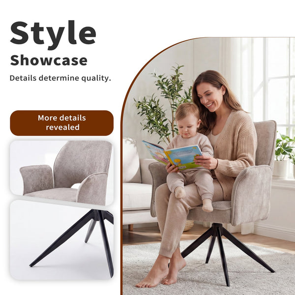 English Elm Fabric Swivel Dining Chairs Set of 2 with 360 Rotation Removable Arms Metal X-frame Gray W3851P452803
