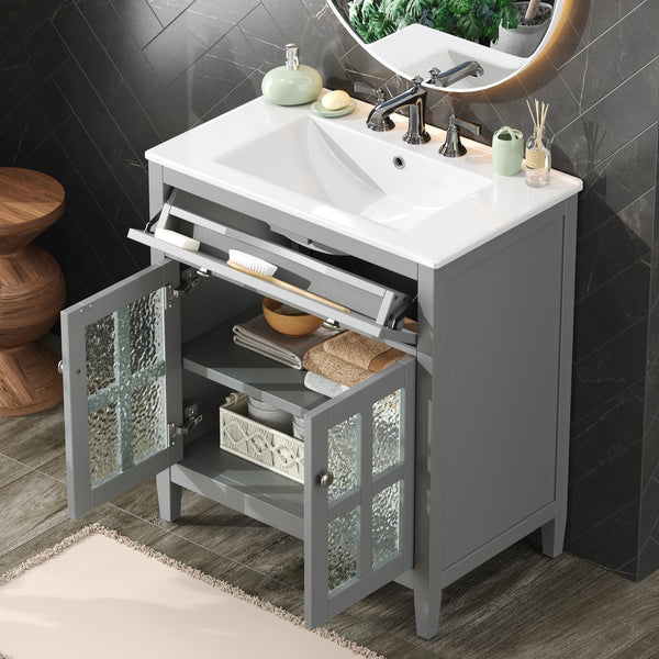 English Elm Christopher Knight Home® - 30" Bathroom Vanity with Ceramic Sink, Solid Wood Legs, Adjustable Shelf, Tip-Out Tray, Soft-Close Hinges, Silver Knobs, Moisture-Resistant Finish Gray N817P286250G