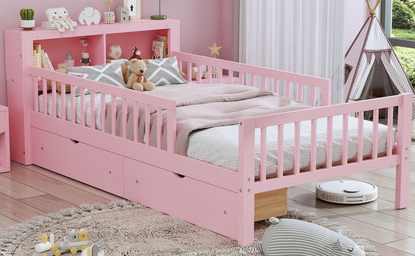 English Elm Twin Size Bed With Pink Finish, Headboard Storage, Under-Bed Drawers & Guardrails For Kids' Safety N733P272374H-GIGA