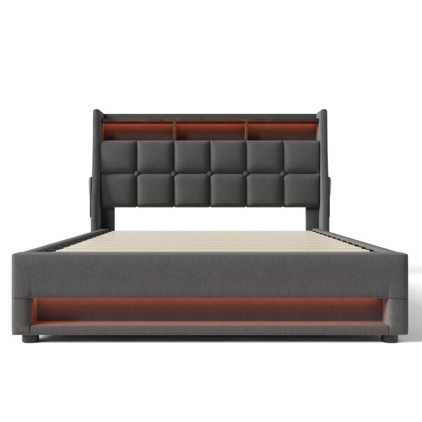 English Elm (=aa20690910g) Queen Upholstered Storage Bed with Led Lighting and Headboard Charging Ports AA20690910G-1