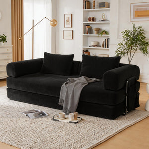 English Elm 78 Inch Corduroy Convertible Sofa Sleeper Futon with Foldable Armrests for Studio Rooms Black W5385P455023