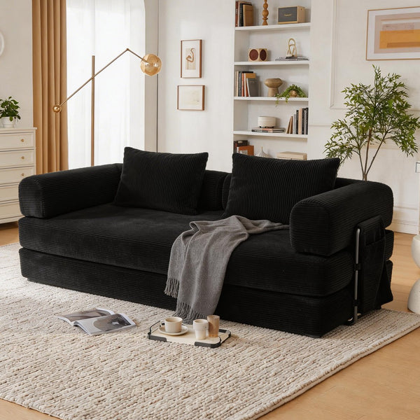 English Elm 78 Inch Corduroy Convertible Sofa Sleeper Futon with Foldable Armrests for Studio Rooms Black W5385P455023