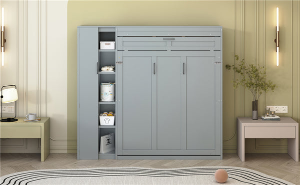 English Elm Full Size Murphy Bed with Open Shelving Wardrobe and Led Lighting for Studio Spaces Gray LP000898AAE-1