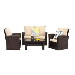 English Elm 4-piece Outdoor Wicker Conversation Set with Tempered Glass Table and Resort Style Brown B082S00060