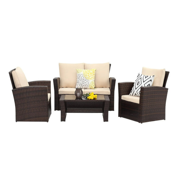 English Elm 4-piece Outdoor Wicker Conversation Set with Tempered Glass Table and Resort Style Brown B082S00060
