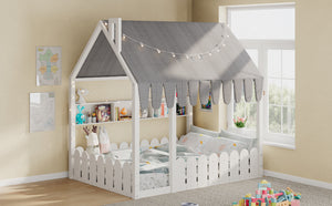 English Elm {slats Are Not Included} Twin Montessori House Floor Bed Kids Tent Lights Shelves Pinewood Frame White N708P407963K