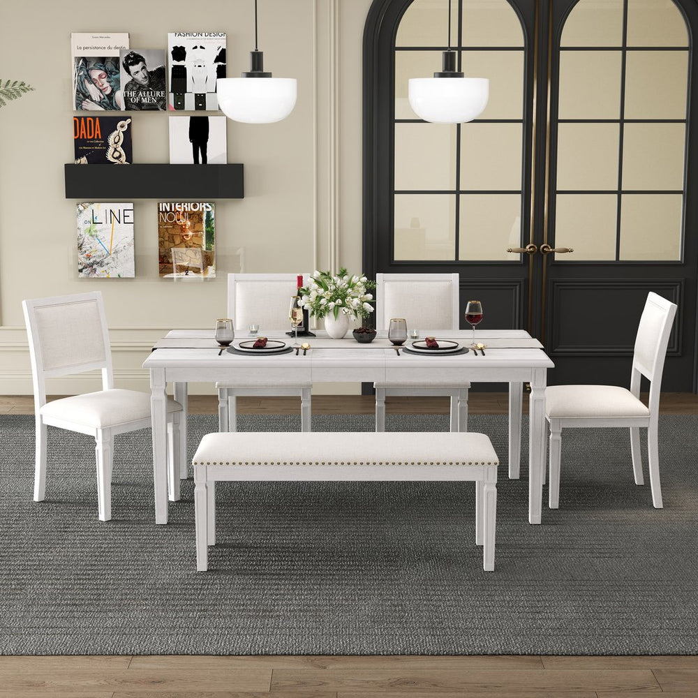 English Elm Trexm Rustic Farmhouse Extendable Dining Set Six Piece with Bench Distressed Wood Beige,White Washed ST000151AAE