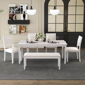 English Elm Trexm Rustic Farmhouse Extendable Dining Set Six Piece with Bench Distressed Wood Beige,White Washed ST000151AAE