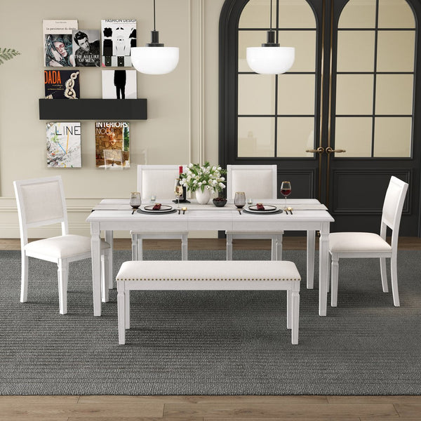 English Elm Trexm Rustic Farmhouse Extendable Dining Set Six Piece with Bench Distressed Wood Beige,White Washed ST000151AAE