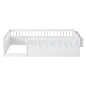 English Elm Twin Montessori Floor Bed Frame with High Rails and Built-In Light Shelf for Safe Independent Sleep White 79.13 L x 13 W x 6.3 H W2593P333565