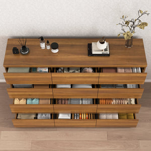 English Elm 12 Drawer Wide Double Dresser Modern Symmetrical Wood Storage Chest for Bedroom Walnut W409S00017