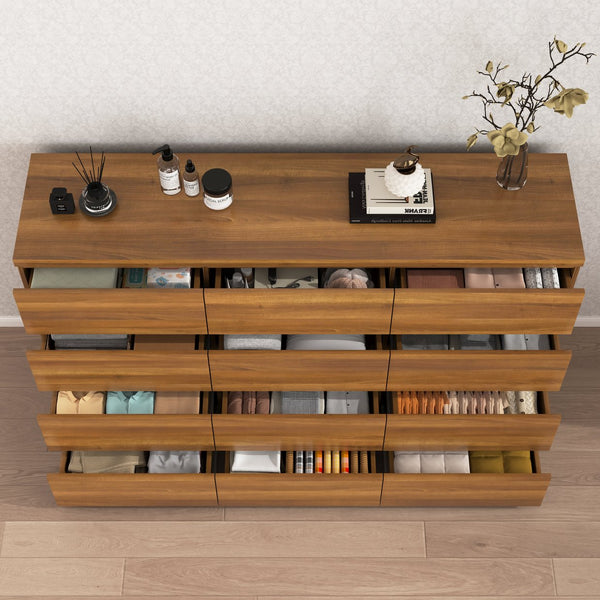 English Elm 12 Drawer Wide Double Dresser Modern Symmetrical Wood Storage Chest for Bedroom Walnut W409S00017