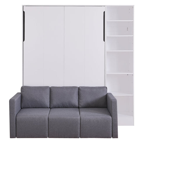 English Elm Full Size Murphy Wall Bed with Integrated Sofa Open Shelving White Cabinet Unit LP000795AAK
