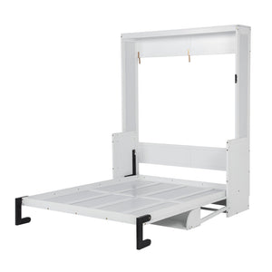 English Elm Queen Murphy Wall Bed with Integrated Desk Gas Strut Lift White Cabinet for Small Spaces W504S00282