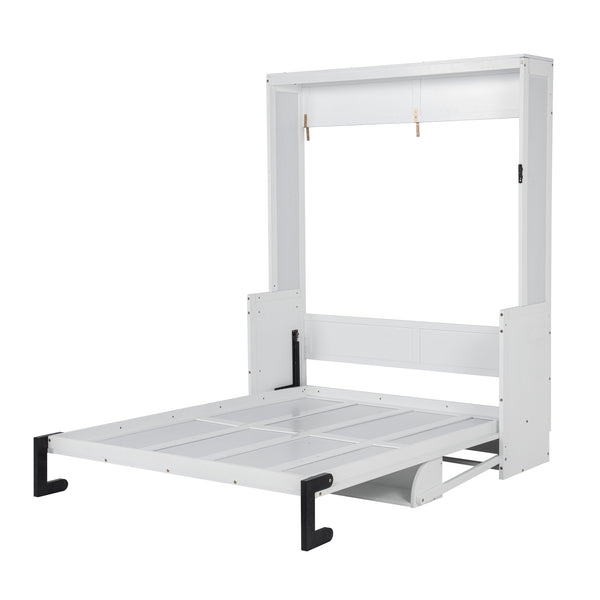 English Elm Queen Murphy Wall Bed with Integrated Desk Gas Strut Lift White Cabinet for Small Spaces W504S00282