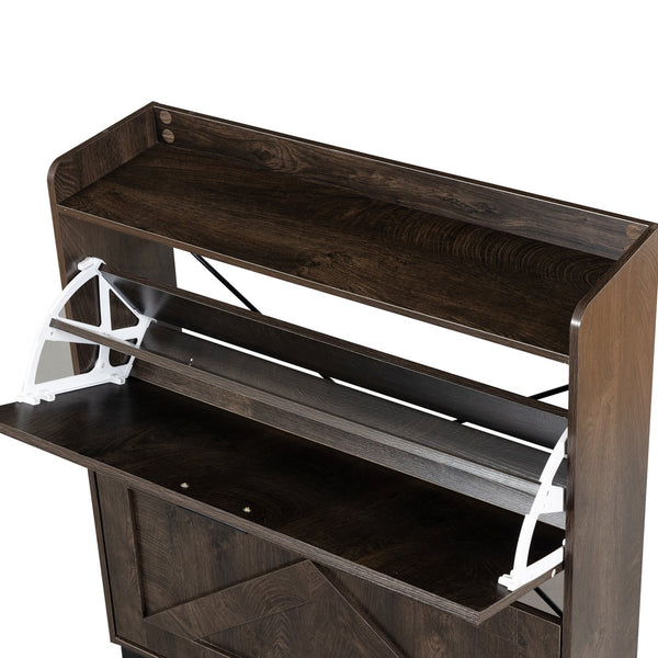 English Elm Shoe Cabinet with 2 Flip Drawers and Open Shelves, Slim Rustic Brown Entryway Organizer, Space-Saving Wood Storage W679P154753