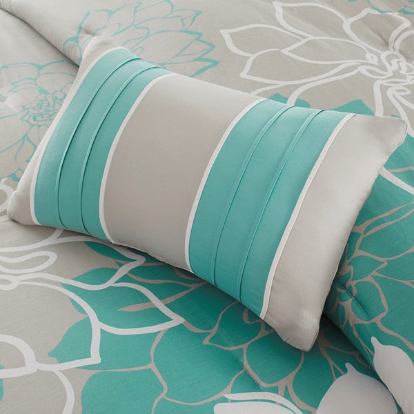 English Elm Printed Cotton Sateen Comforter Set - Aqua Cal King With Floral Design & Decorative Pillows B03596887-GIGA