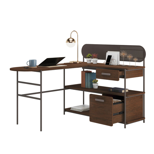 English Elm L-Shaped Desk In Warm Brown Finish - Versatile, Stylish Workspace With Smart Storage & Cable Management B356P367806