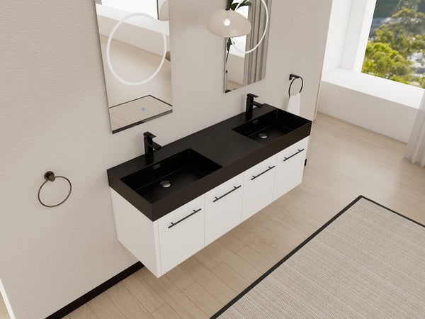 English Elm 60 Inch Wall-Mounted Bathroom Vanity With Double Black Resin Sink & Soft-Close Doors For Style W999S00253