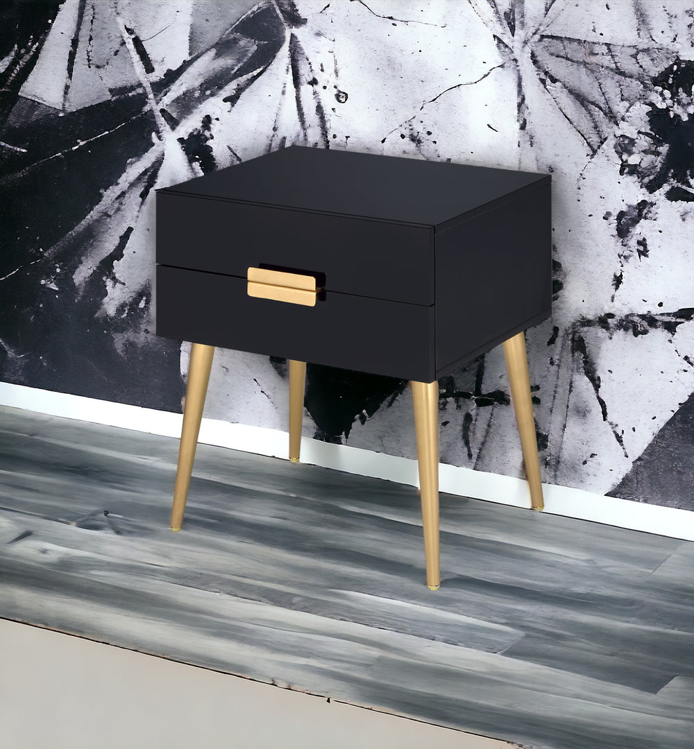 English Elm Denvor Two Drawer End Table with Gold Tapered Legs and Glossy Black Top B2726P445302