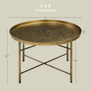 English Elm HOMCOM Vintage 24" Round Coffee Table with Hammered Floral Tray Top, Gold Metal Frame, Stable Chic W2225P200420