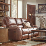 English Elm Achern Brown Leather-Air Nailhead Manual Reclining Sofa With Storage Console and Usb Port