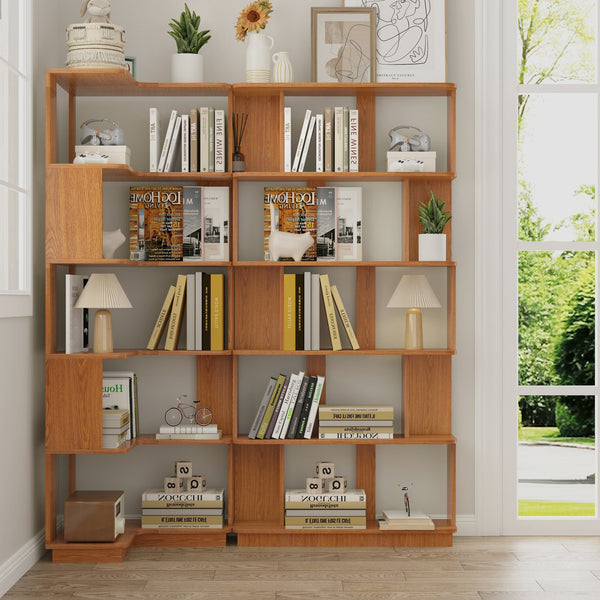 English Elm Set of 2 Modular Corner Bookcases L Shaped and I Space Saving Home Office Shelving Dark Oak W2899S00001